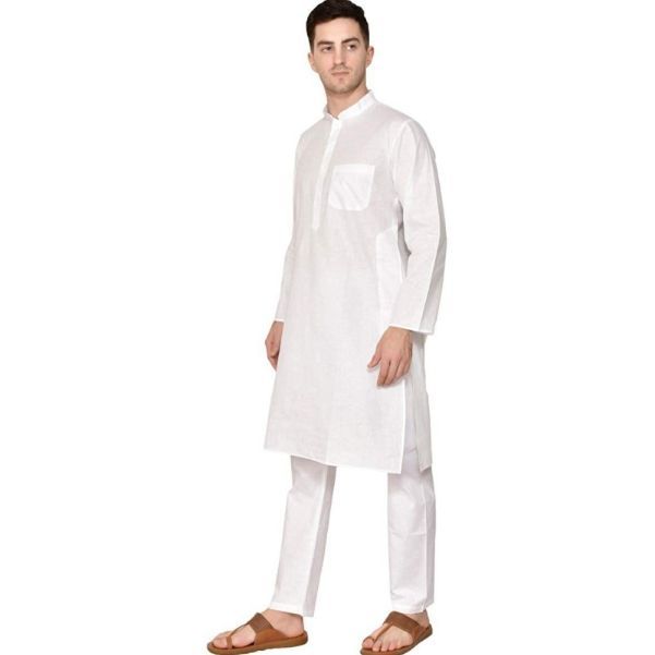 White Solid Pure Cotton Traditional Kurta Pajama Set For Pooja Brataband Marriage Occasion For Men