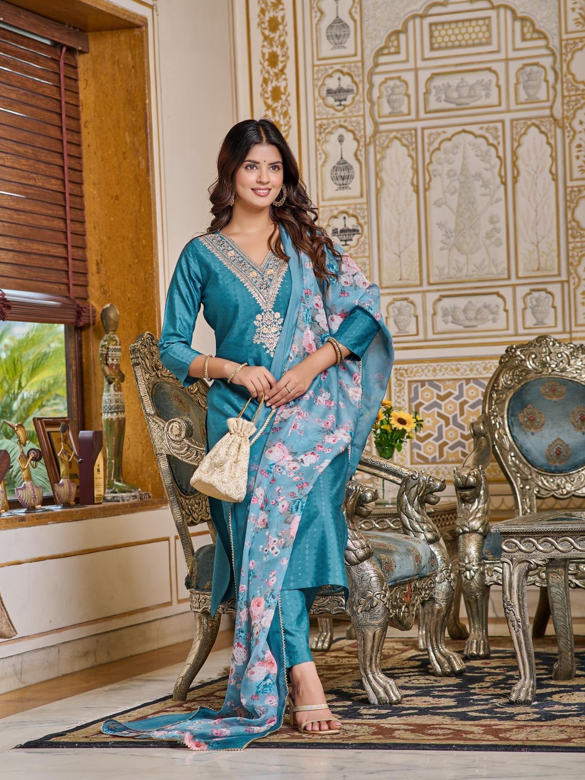 Stylish Women Embroidered Viscose Rayon Kurta with Pant and Digital Print Dupatta Set By Sapnaaz Fashion - Blue
