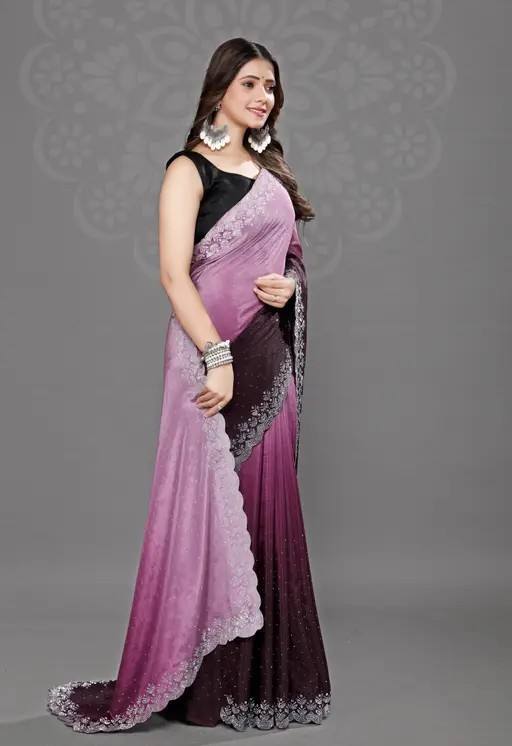 Latest Chinnon Peding saree with beautiful work with blouse Two tone saree | Trendy Party & Festive Wear | Traditional Ethnic Fashion | Buy Online