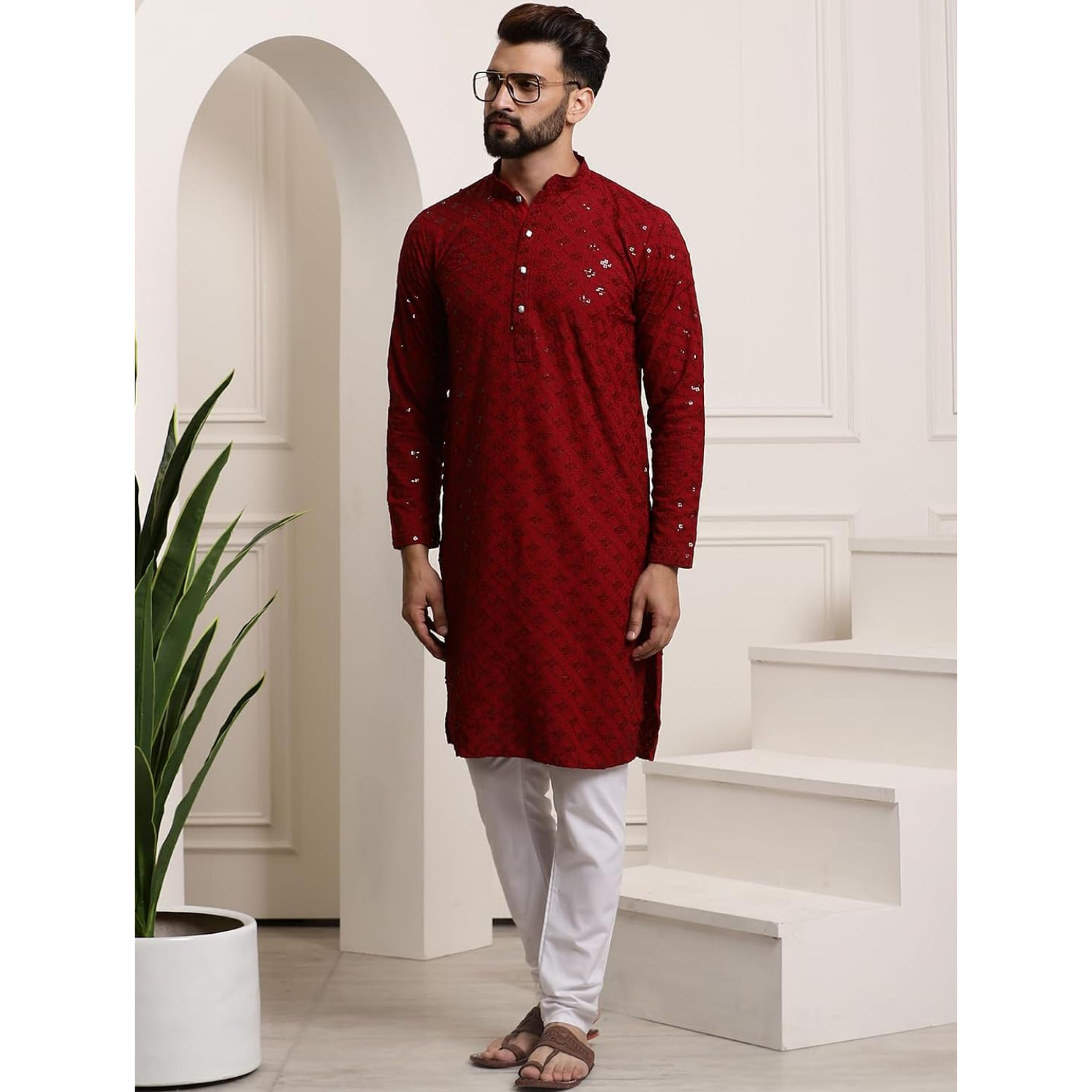 Maroon Cotton Chikankari Embroidered and Sequence Kurta and Pyjama Set For Men