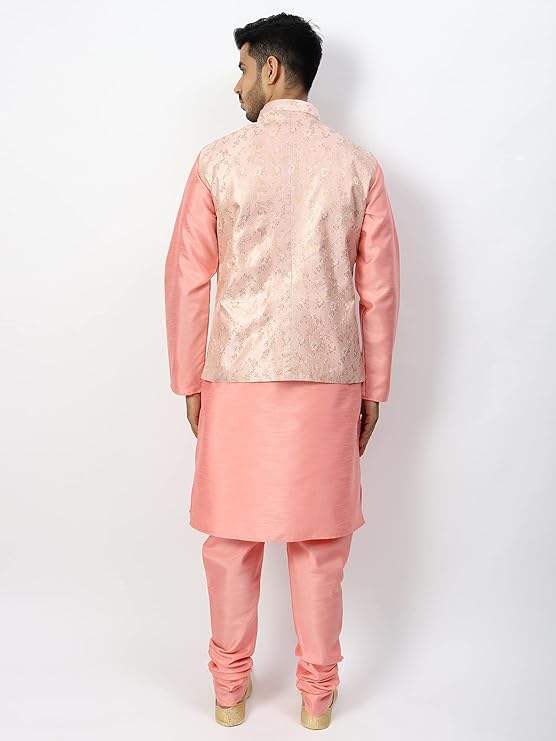 Men's Silk Blend Regular Kurta Churidar Pyjama with Bundi Nehru Jacket/Waistcoat
