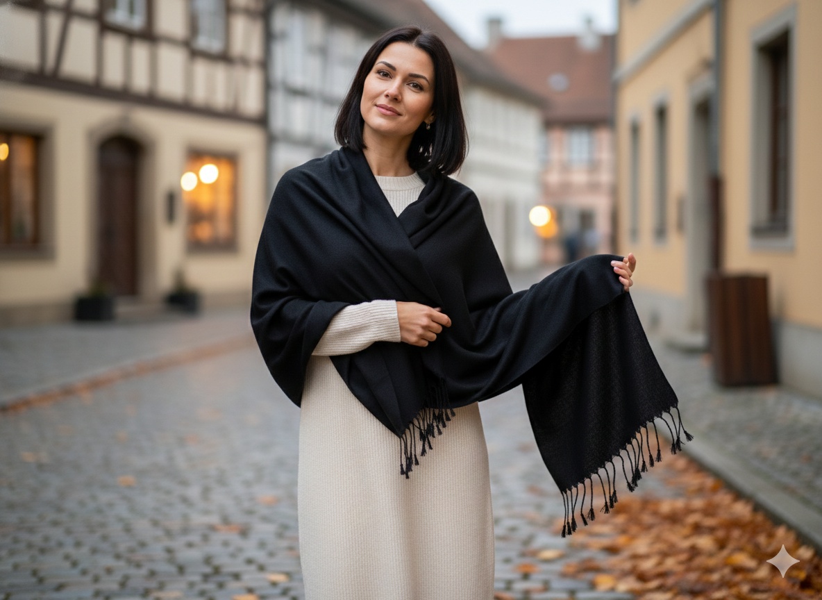 Plain Black Color   Shawl for Women - 67cm x 182cm