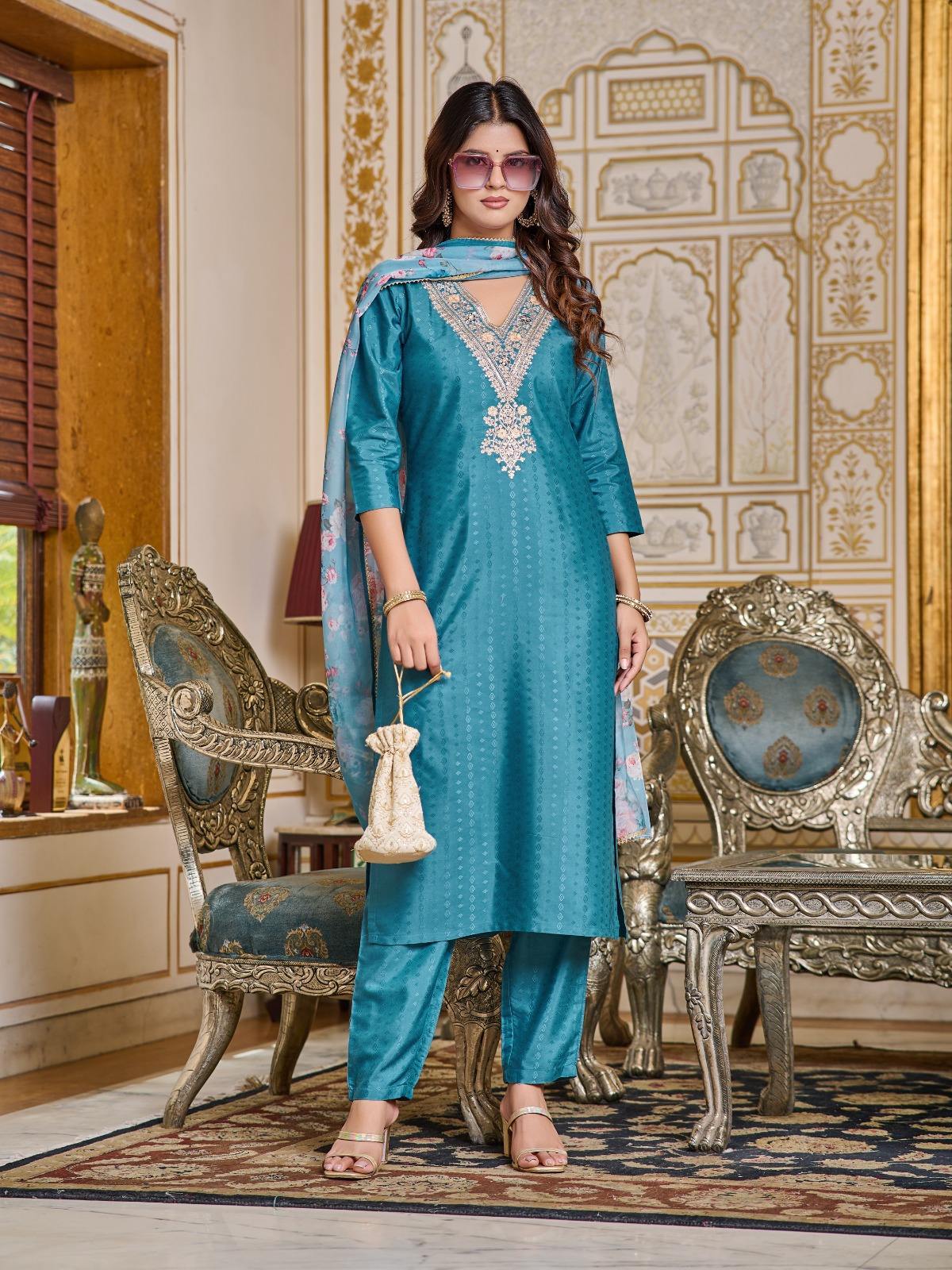 Stylish Women Embroidered Viscose Rayon Kurta with Pant and Digital Print Dupatta Set By Sapnaaz Fashion - Blue