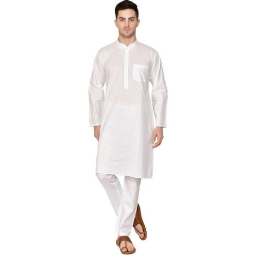 White Solid Pure Cotton Traditional Kurta Pajama Set For Pooja Brataband Marriage Occasion For Men