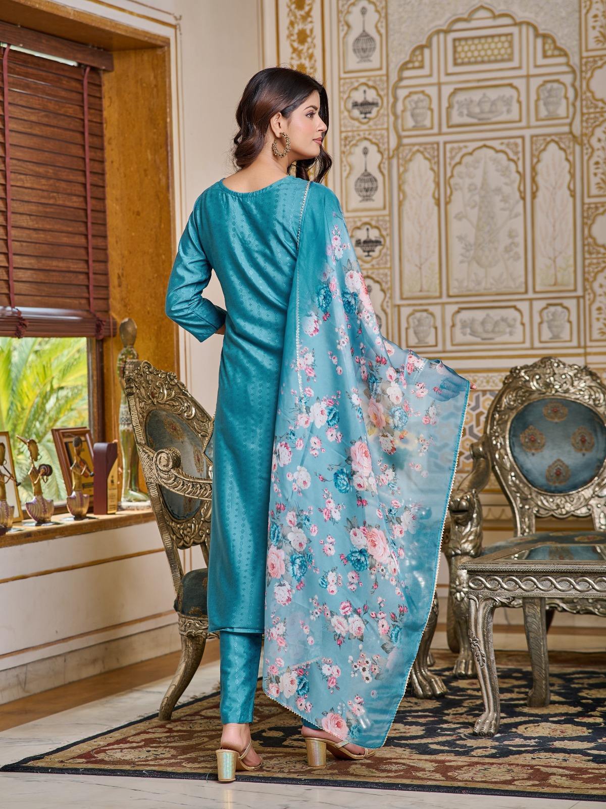 Stylish Women Embroidered Viscose Rayon Kurta with Pant and Digital Print Dupatta Set By Sapnaaz Fashion - Blue