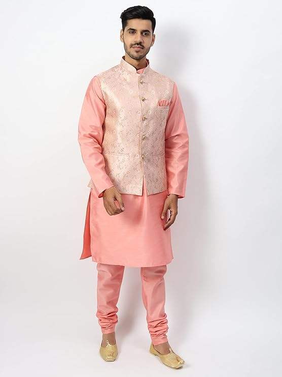 Men's Silk Blend Regular Kurta Churidar Pyjama with Bundi Nehru Jacket/Waistcoat