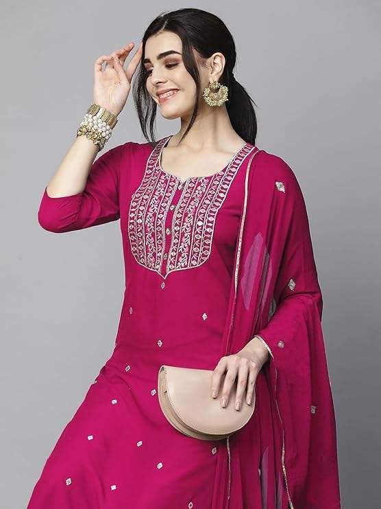 Women's Cotton Blend Embroidered Straight Kurta with Pant & Dupatta