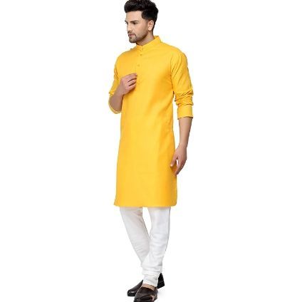 Yellow Solid Pure Cotton Traditional Kurta Pajama Set For Pooja Brataband Marriage Occasion For Men | Fashion