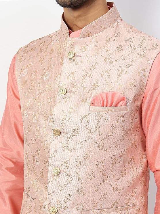 Men's Silk Blend Regular Kurta Churidar Pyjama with Bundi Nehru Jacket/Waistcoat