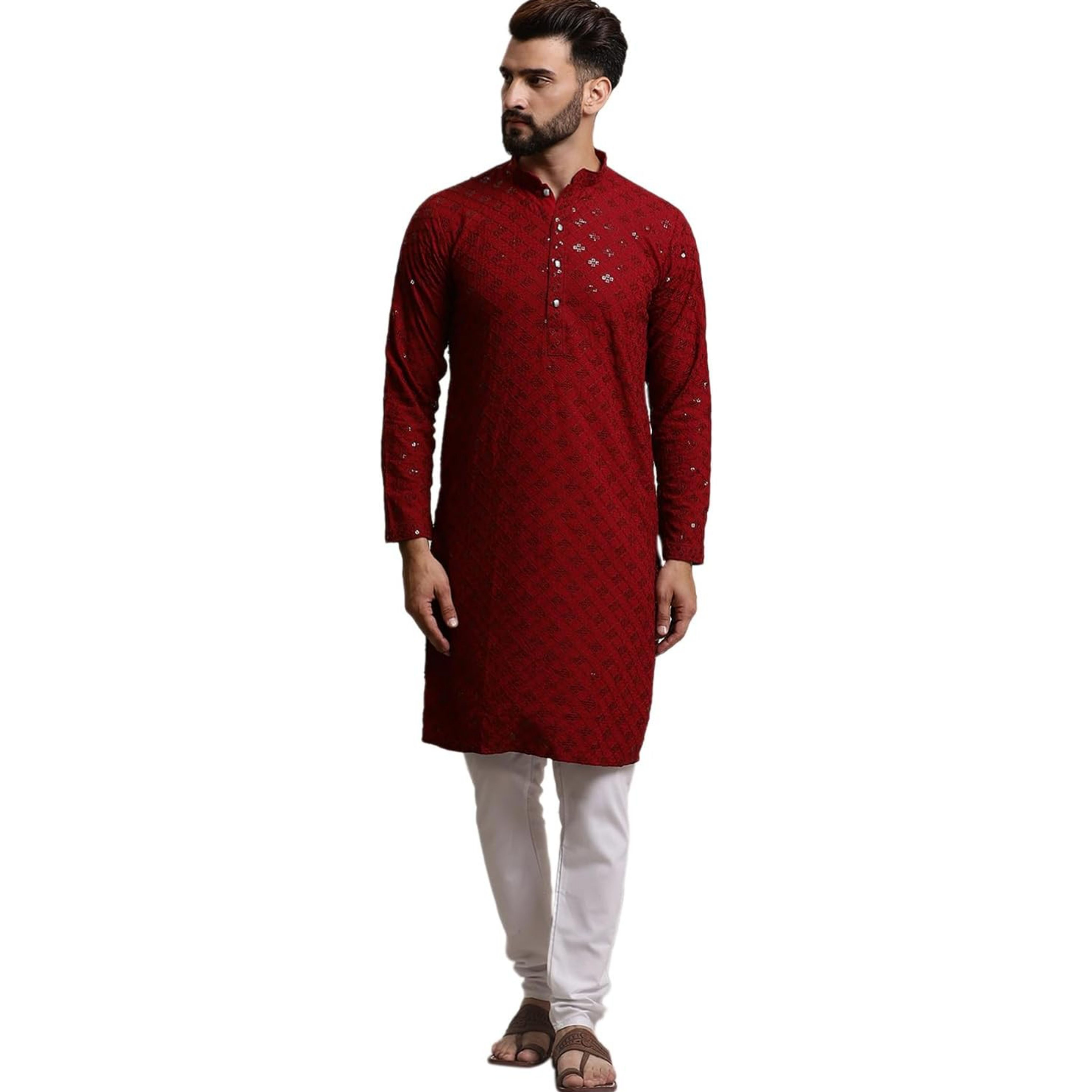 Maroon Cotton Chikankari Embroidered and Sequence Kurta and Pyjama Set For Men
