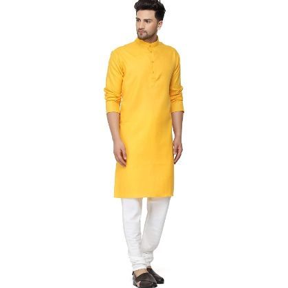 Yellow Solid Pure Cotton Traditional Kurta Pajama Set For Pooja Brataband Marriage Occasion For Men | Fashion