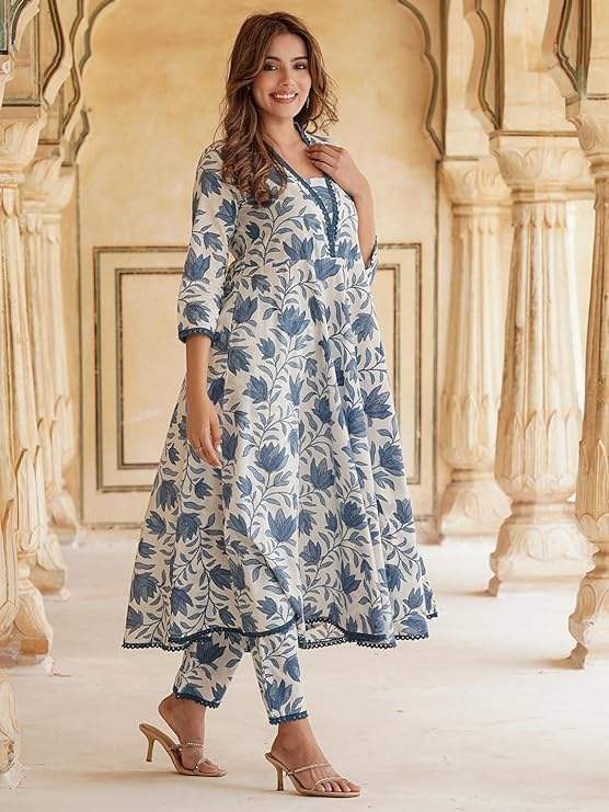 Women's Printed Anarkali Kurta With Palazzo & Dupatta Set