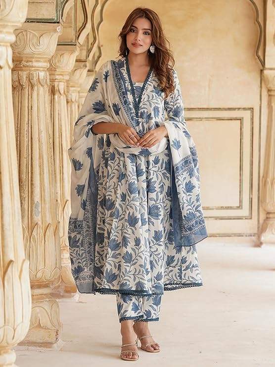 Women's Printed Anarkali Kurta With Palazzo & Dupatta Set