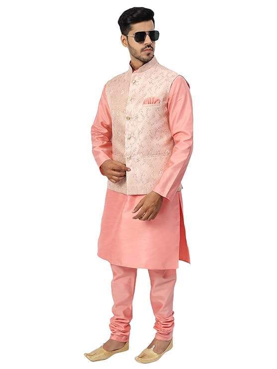 Men's Silk Blend Regular Kurta Churidar Pyjama with Bundi Nehru Jacket/Waistcoat