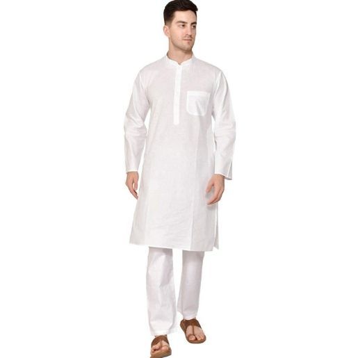 White Solid Pure Cotton Traditional Kurta Pajama Set For Pooja Brataband Marriage Occasion For Men