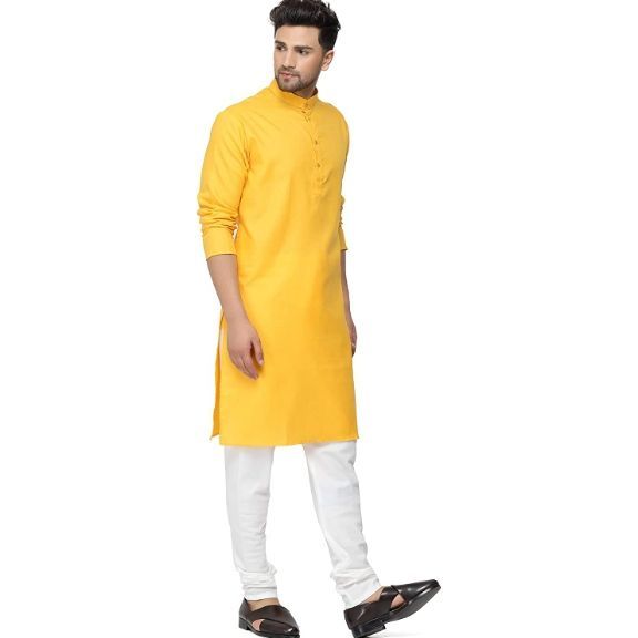 Yellow Solid Pure Cotton Traditional Kurta Pajama Set For Pooja Brataband Marriage Occasion For Men | Fashion