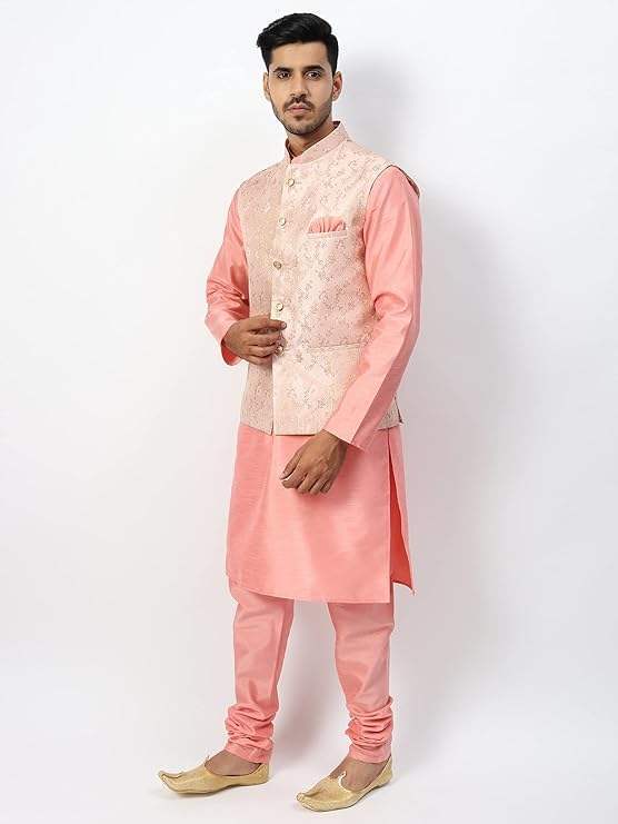 Men's Silk Blend Regular Kurta Churidar Pyjama with Bundi Nehru Jacket/Waistcoat