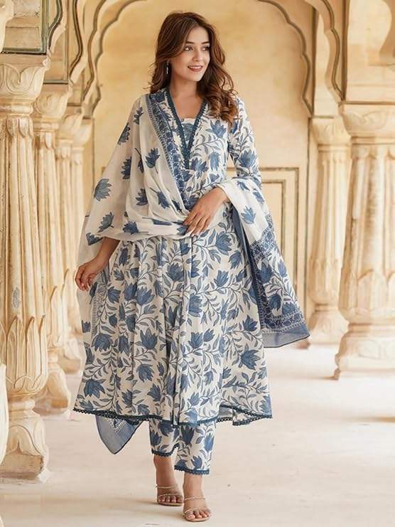 Women's Printed Anarkali Kurta With Palazzo & Dupatta Set