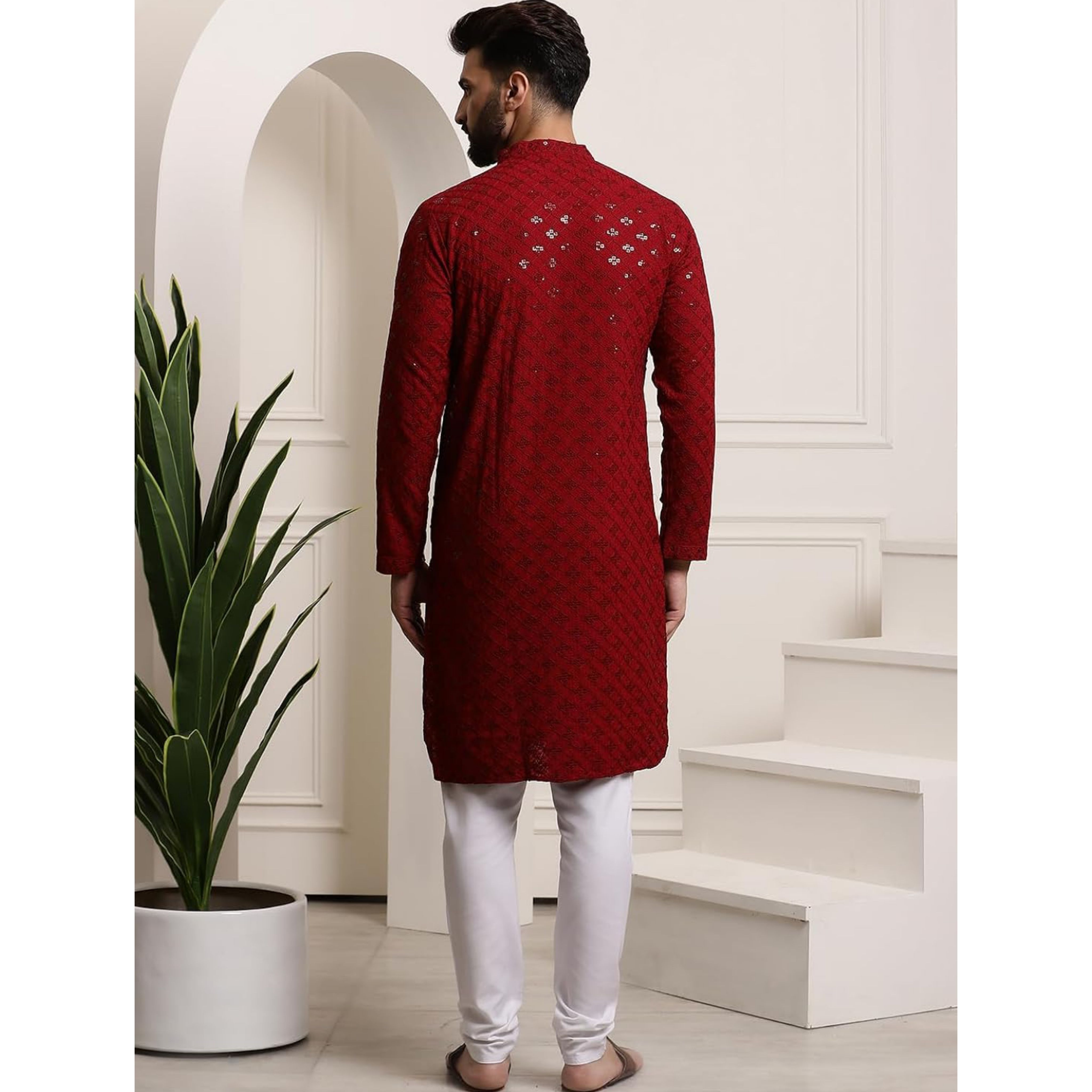 Maroon Cotton Chikankari Embroidered and Sequence Kurta and Pyjama Set For Men