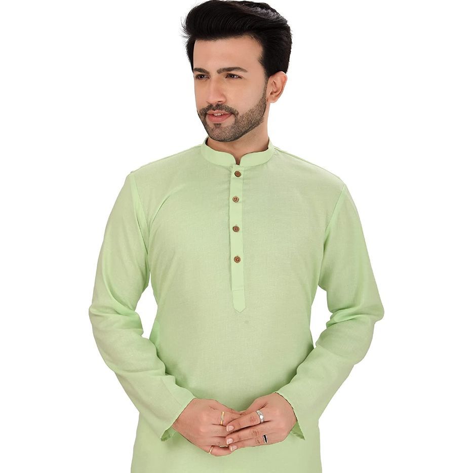 Light Green Solid Pure Cotton Traditional Kurta Pajama Set For Pooja Brataband Marriage Occasion For Men