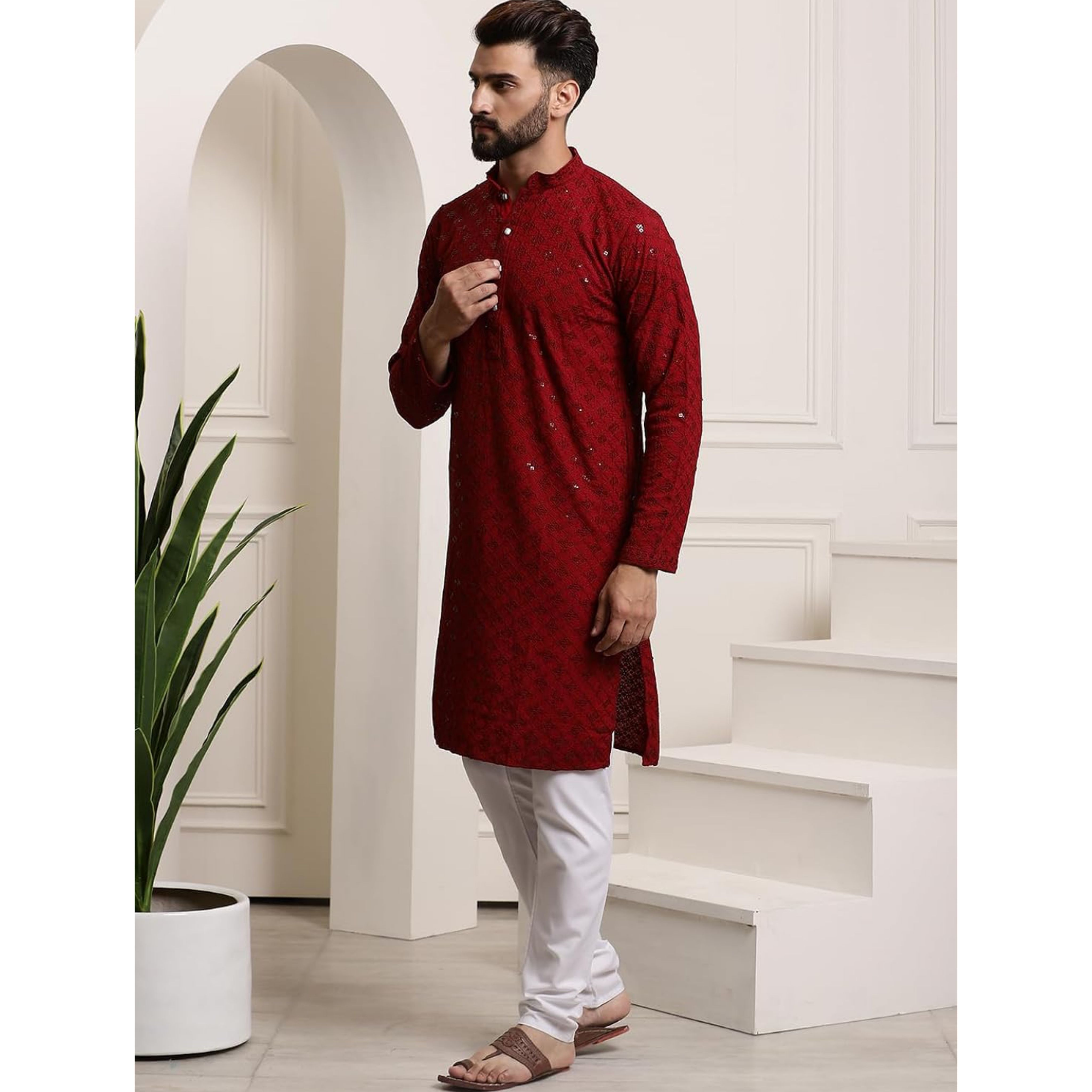 Maroon Cotton Chikankari Embroidered and Sequence Kurta and Pyjama Set For Men